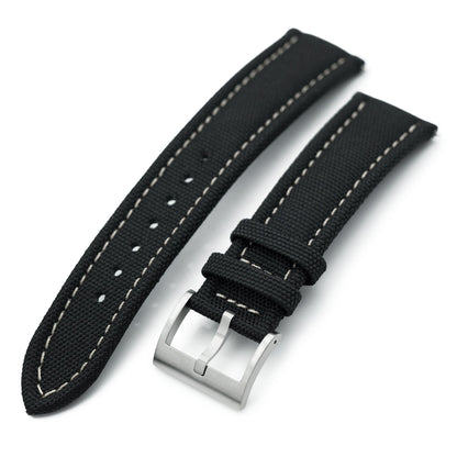 Aviator Style Black Canvas Quick Release Watch Band, 20mm or 22mm