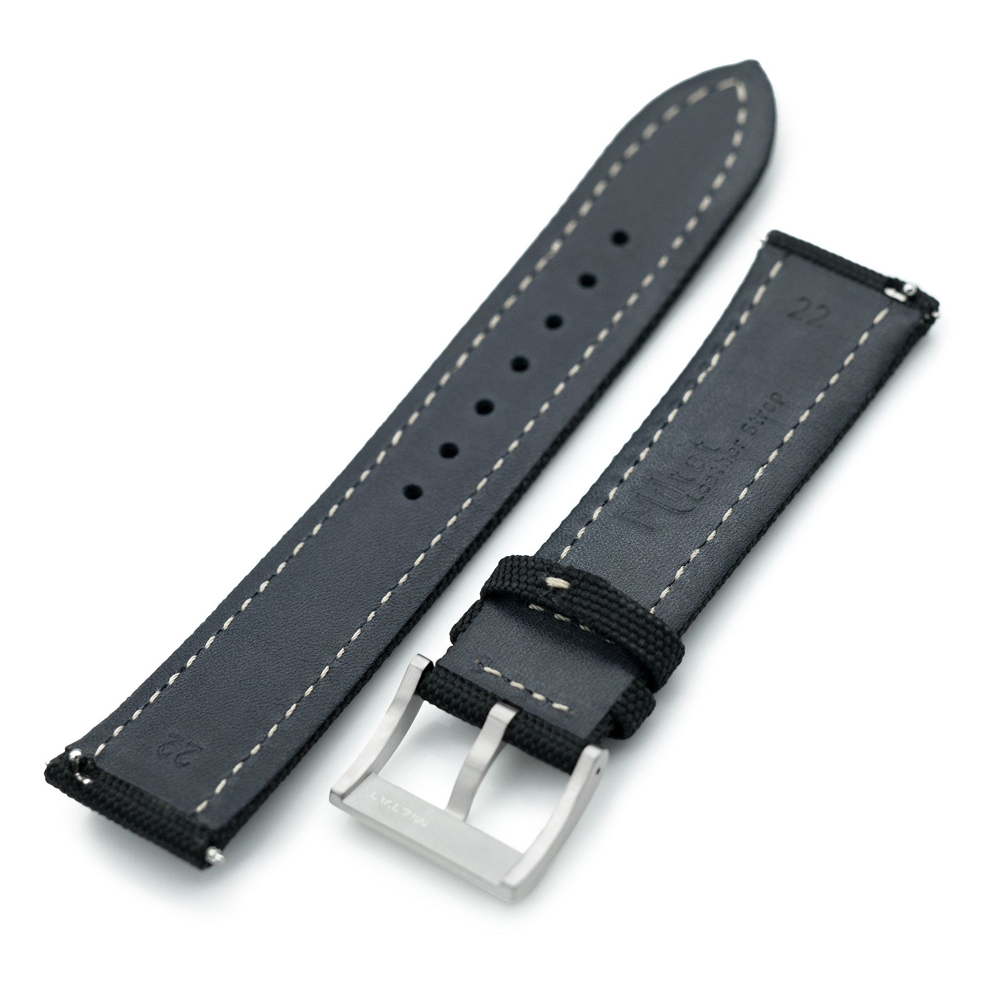 Aviator Style Black Canvas Quick Release Watch Band, 20mm or 22mm