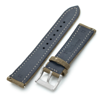 Aviator Style Khaki Canvas Quick Release Watch Band, 20mm or 22mm