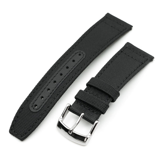 Q.R. Black Sailcloth Watch Band with leather lining, 19mm, 20mm or 23mm