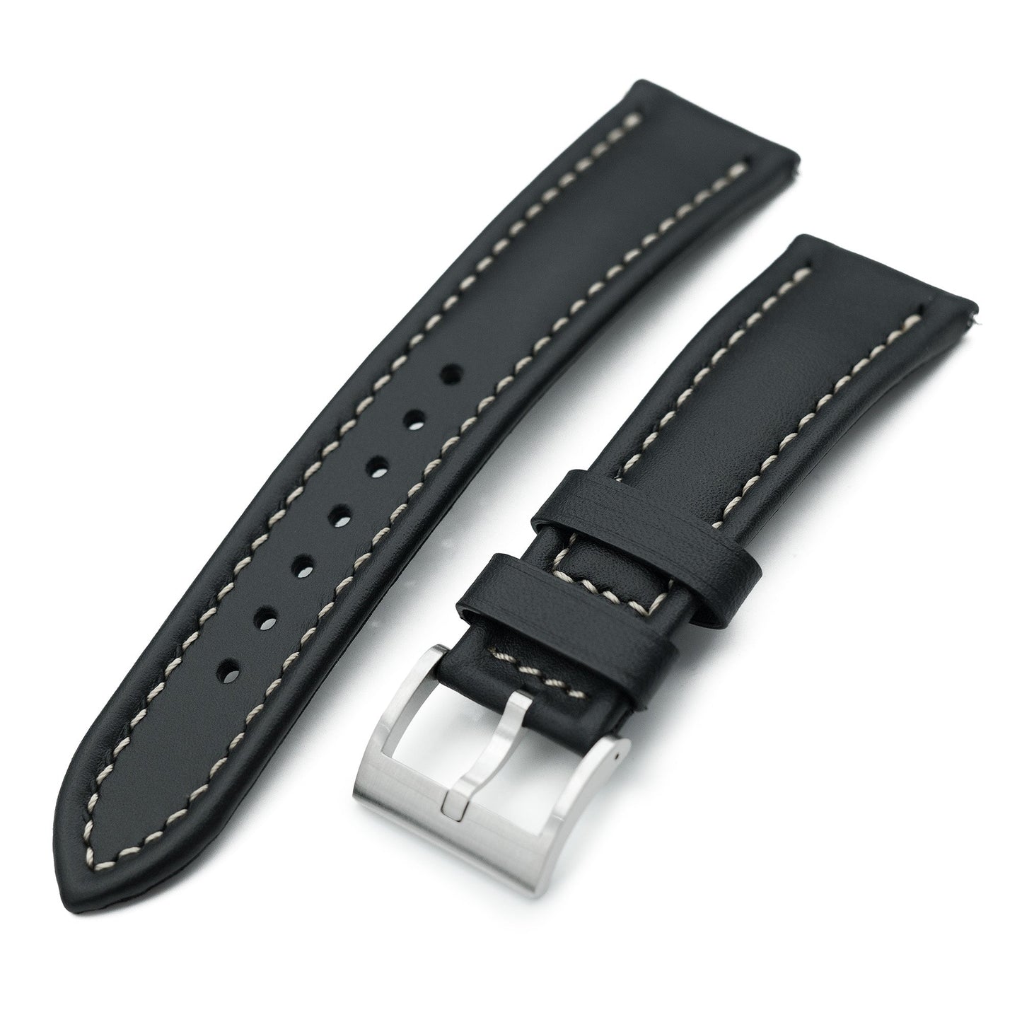 Aviator Style Quick Release Black French Leather Watch Band 19mm, 20mm, 22mm or 23mm 