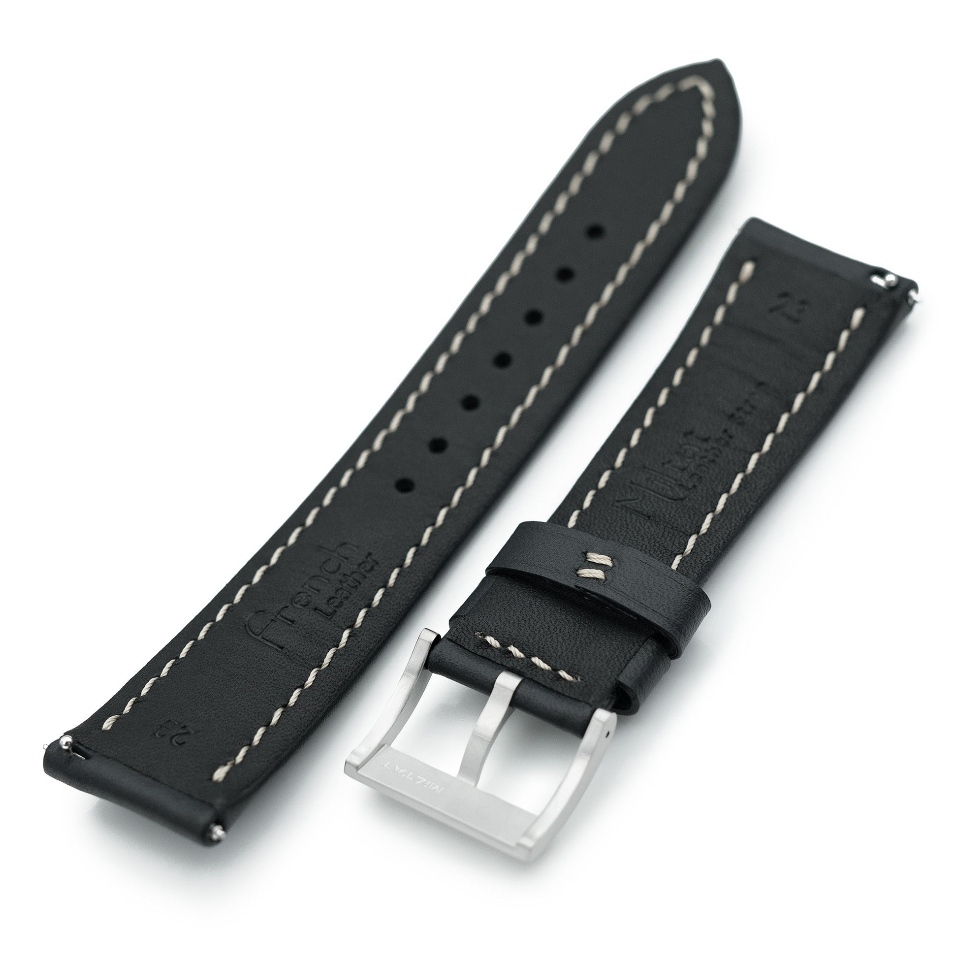 Aviator Style Quick Release Black French Leather Watch Band 19mm, 20mm, 22mm or 23mm 