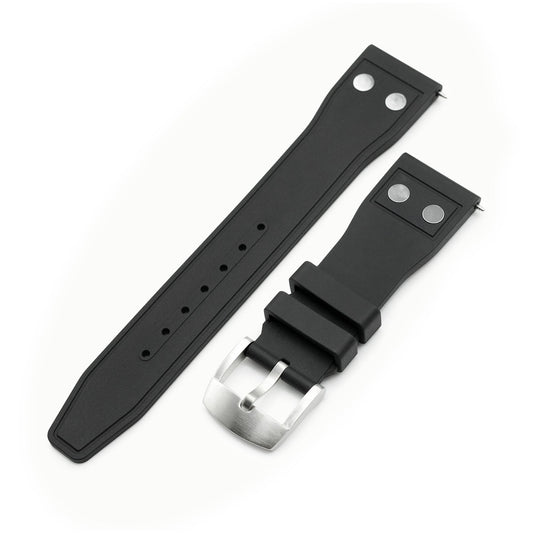 Quick Release Black Rivet Pilot FKM rubber watch strap, 20mm or 22mm