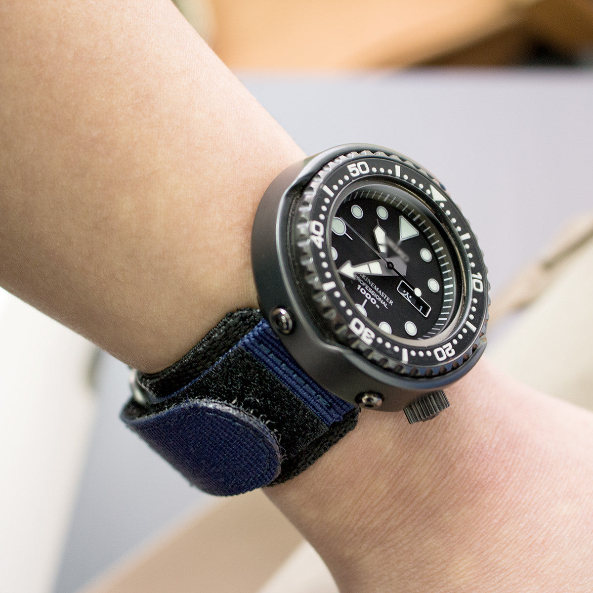 Navy Blue 3D Nylon Hook and Loop Fastener Watch Strap, Sandblasted