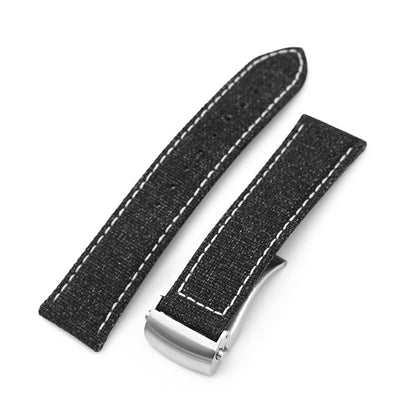 20mm or 22mm Black Canvas Watch Band Brushed Roller Deployant Buckle, Beige Stitching