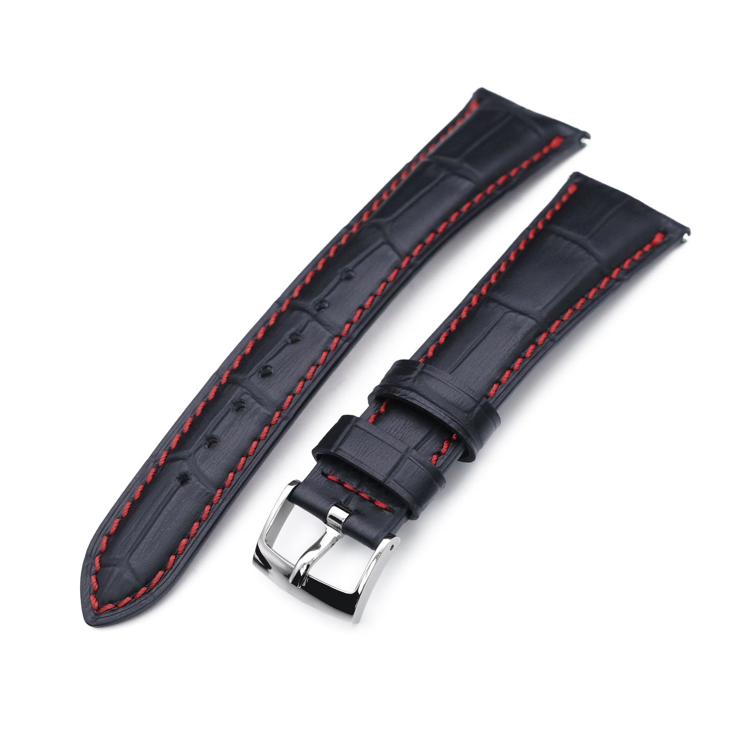 Q.R. 19mm or 21mm Black CrocoCalf (Croco Grain) Semi-Curved Watch Band, Red Stitch.