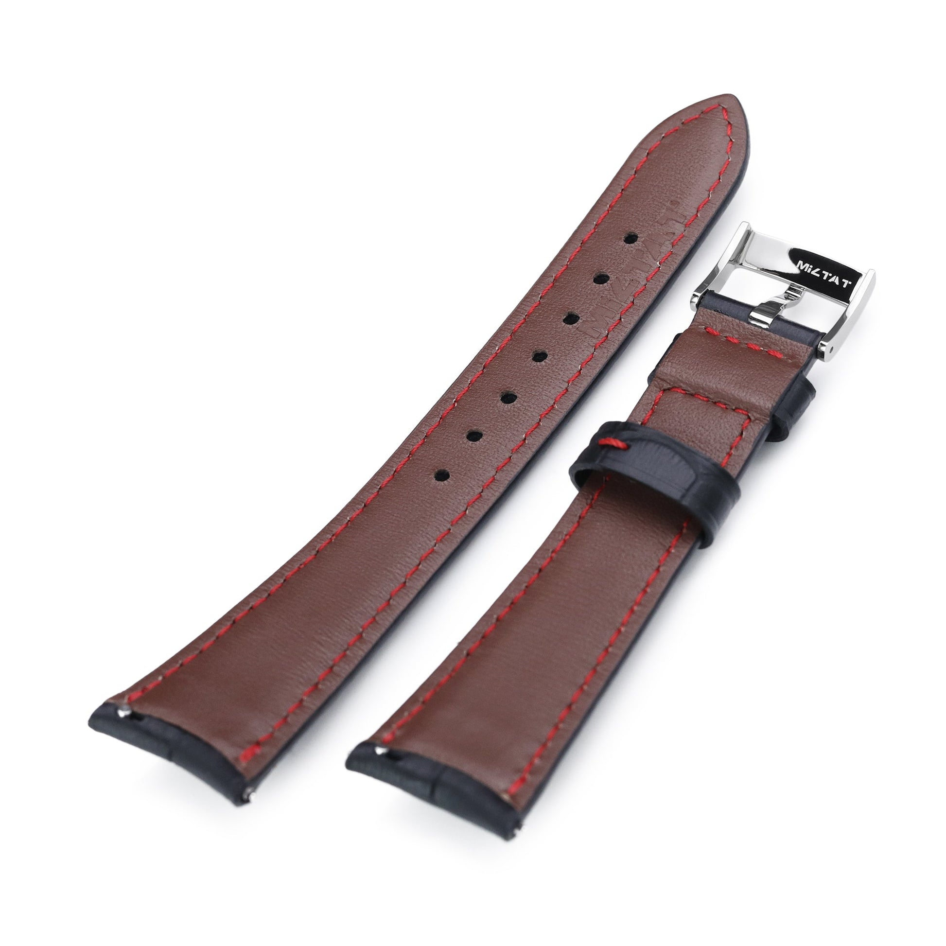 Q.R. 19mm or 21mm Black CrocoCalf (Croco Grain) Semi-Curved Watch Band, Red Stitch.