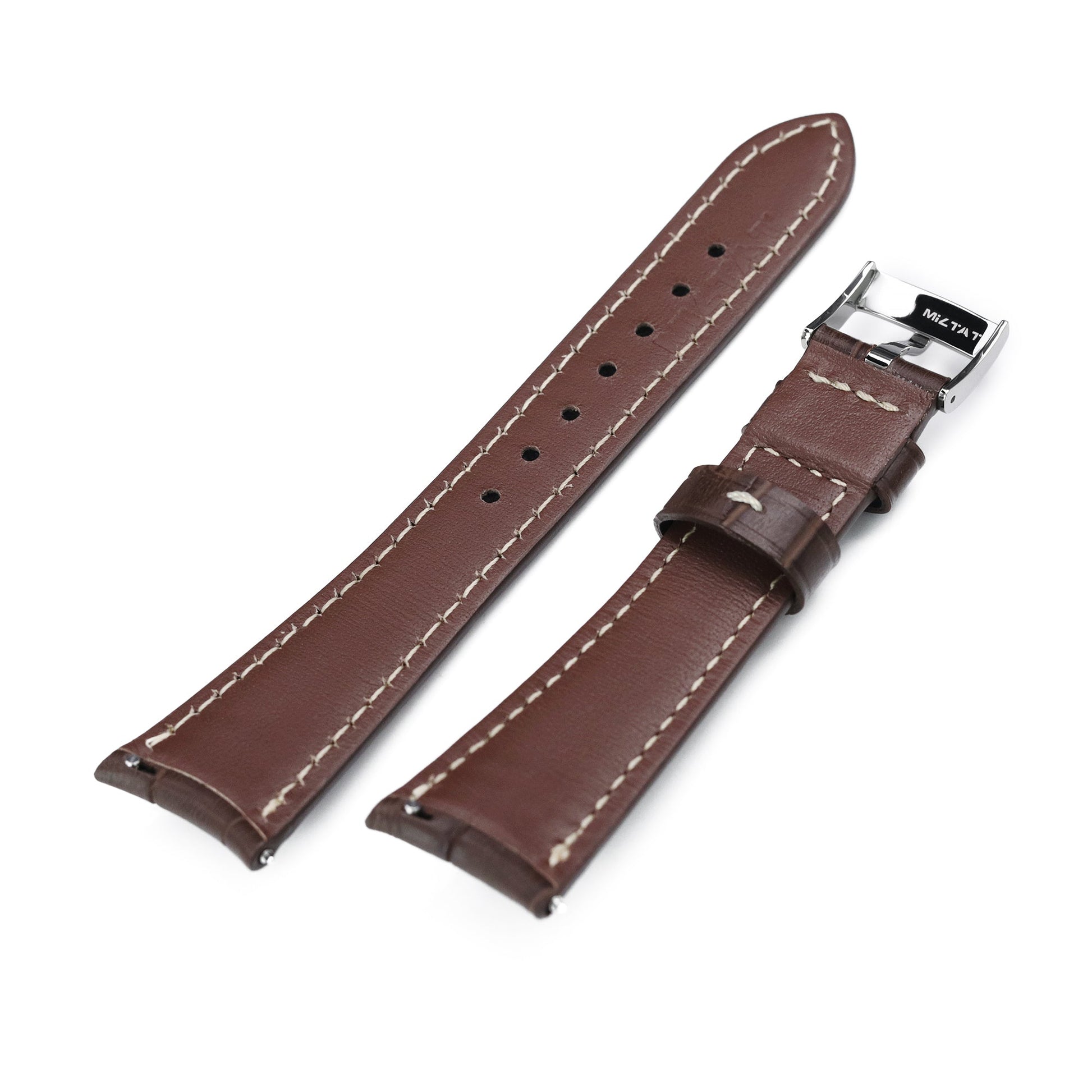 Q.R. 19mm or 21mm Dark Brown CrocoCalf (Croco Grain) Semi-Curved Watch Band, Beige Stitch.