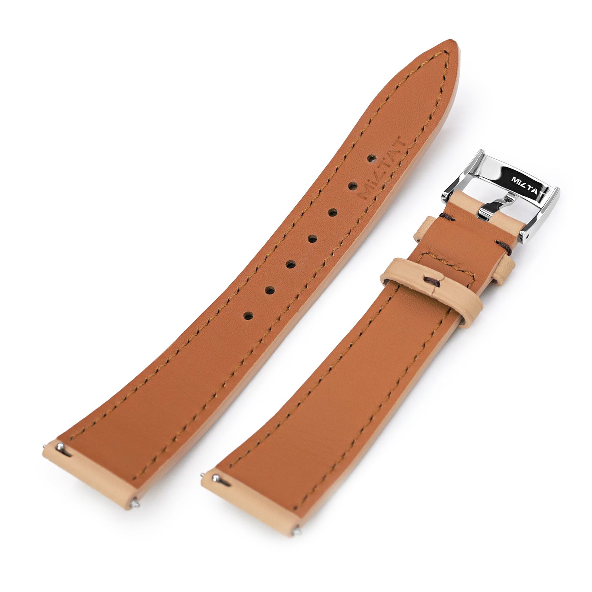 Q.R. 20mm Beige Tapered Leather Watch Band, Chocolate Brown Stitching + Zermatt