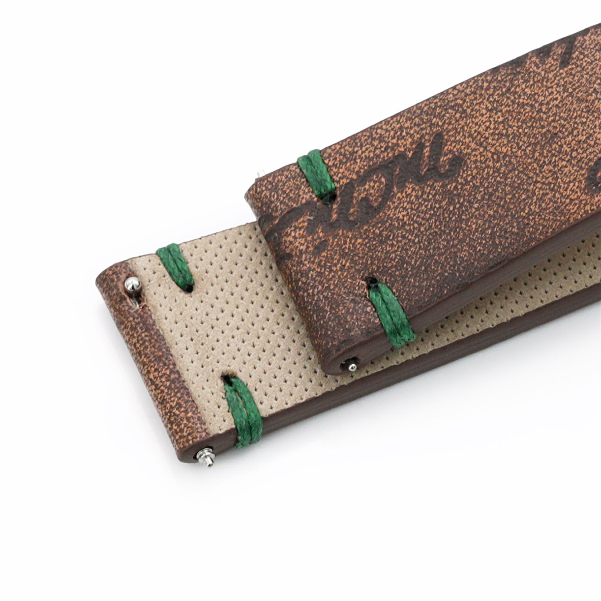 Q.R. 20mm Italian Handmade Vintage Brown Laser Engraved Leather Watch Band, One-piece V-clasp, Green St.