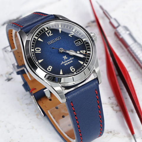 Q.R. 19mm, 20mm or 22mm Blue Tapered Leather Watch Band, Red