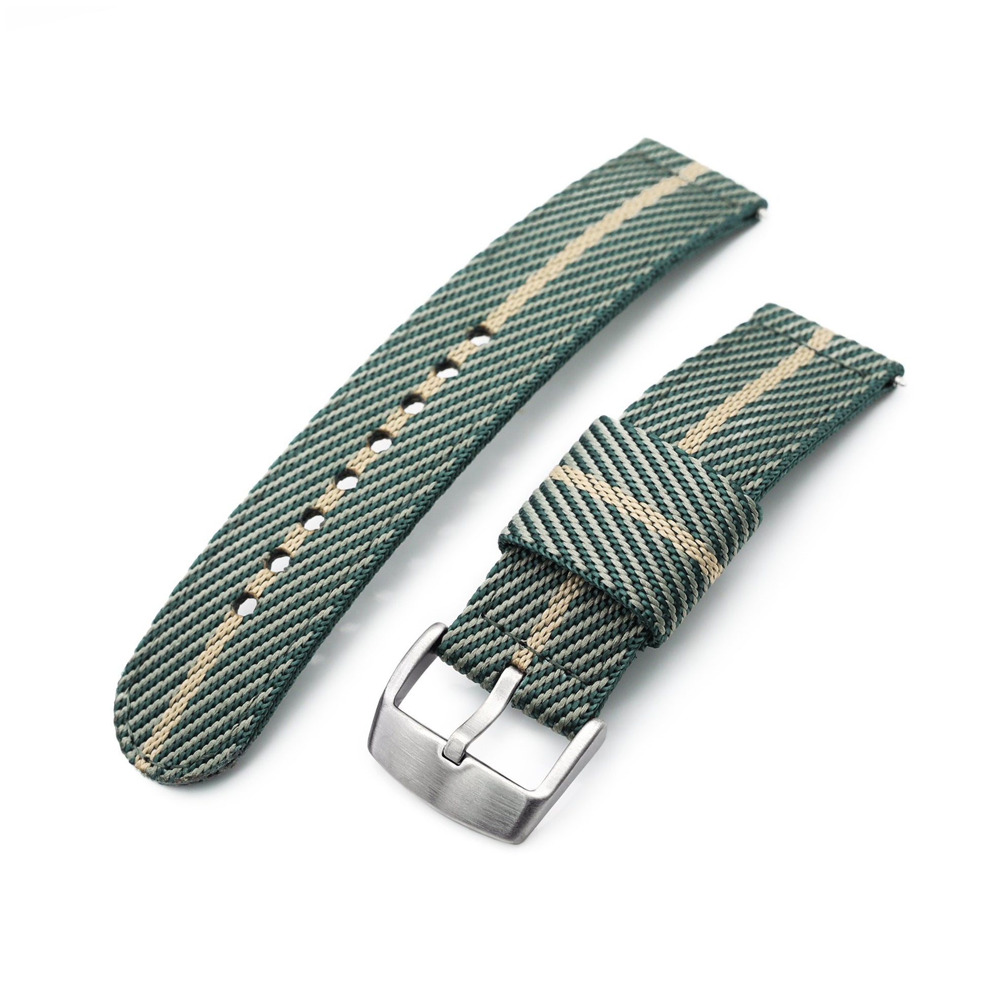 22mm 2-pcs Nylon Watch Band, Quick Release, Green & Khaki, Brushed Buckle 