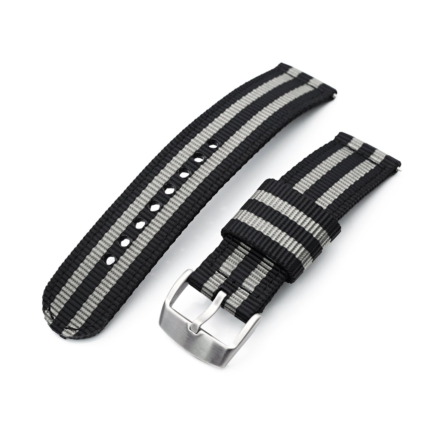 22mm 2-pcs Nylon Watch Band, Quick Release, Black & Grey Stripes, Brushed Buckle 