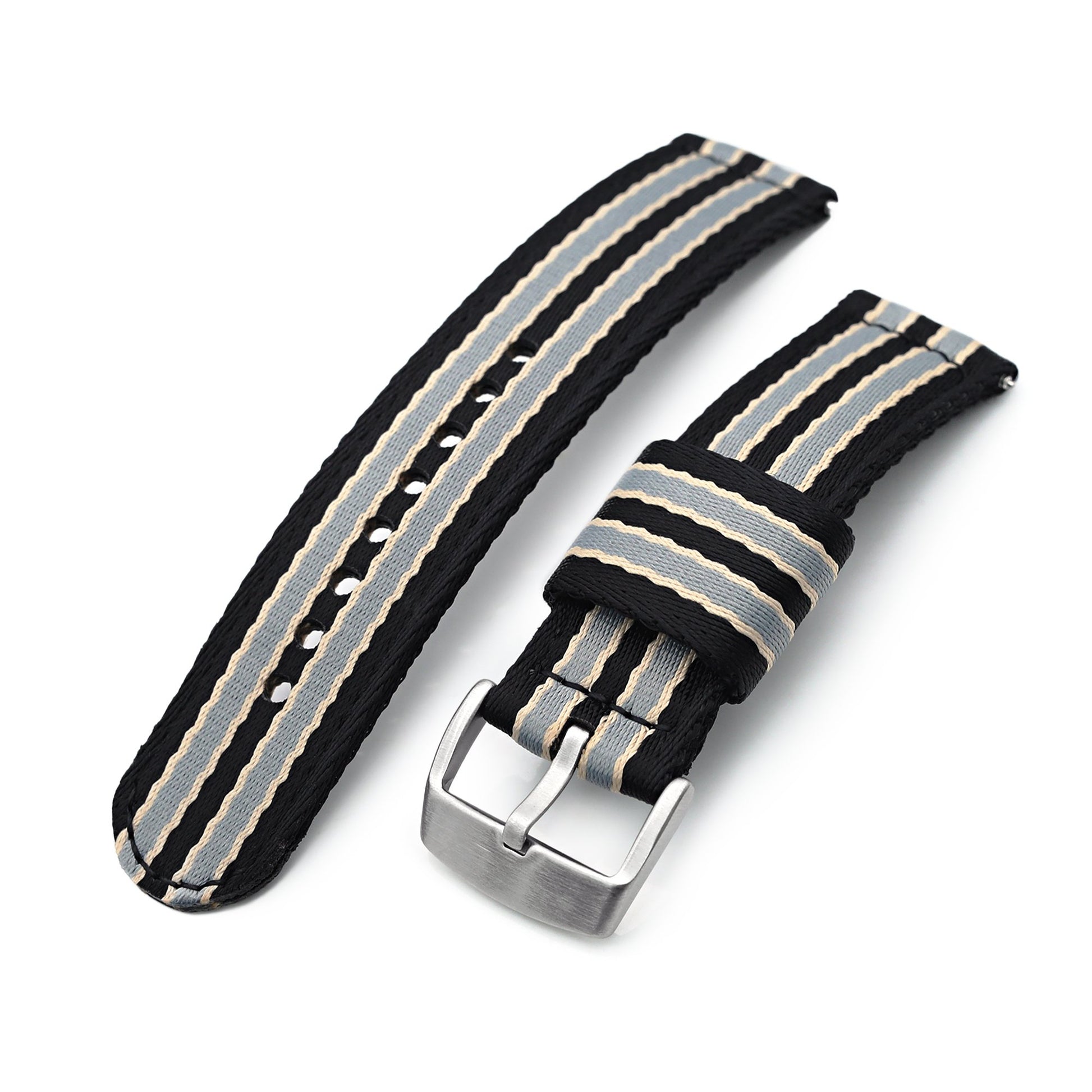 22mm 2-pcs Seatbelt Nylon Watch Band, Black, Grey and Khaki Stripes, Brushed Buckle 