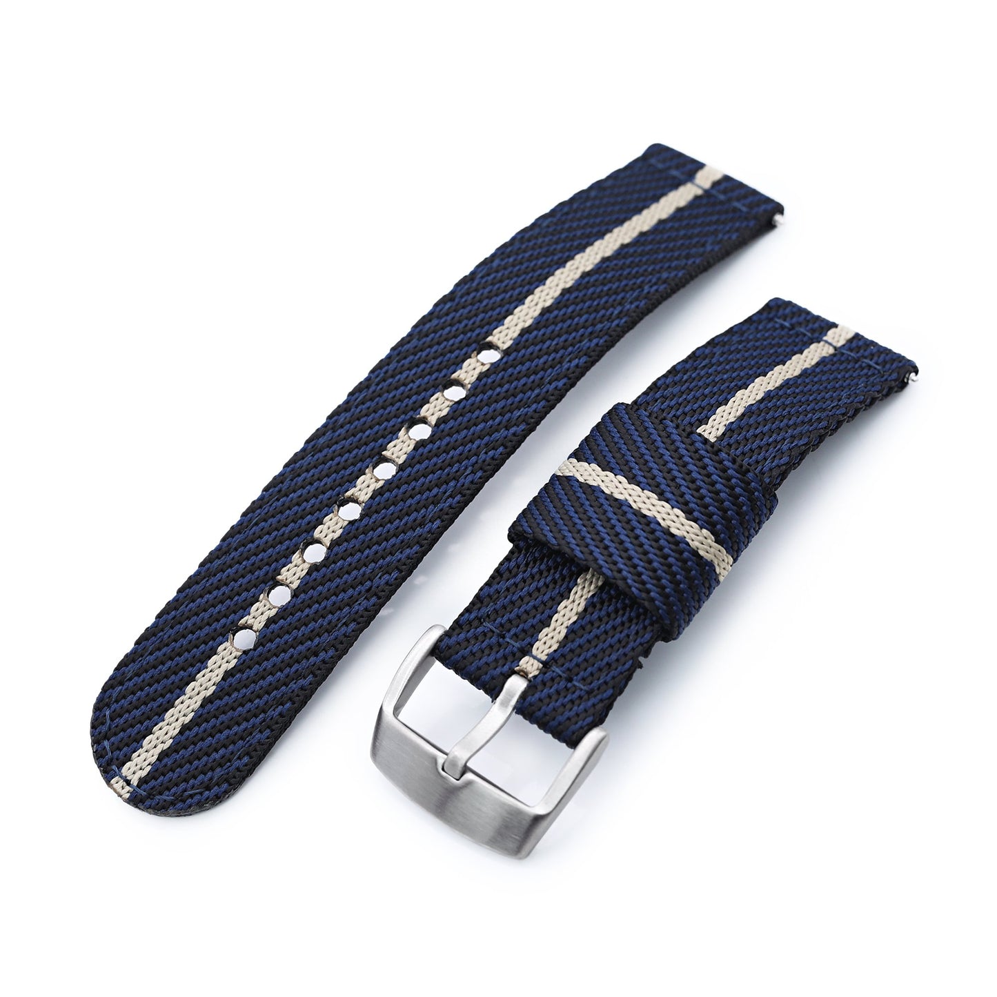 22mm 2-pcs Nylon Watch Band, Quick Release, Blue & Khaki, Brushed Buckle 