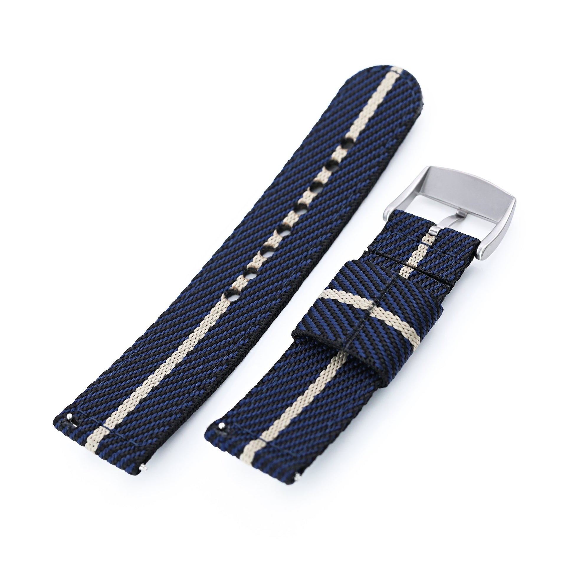 22mm 2-pcs Nylon Watch Band, Quick Release, Blue & Khaki, Brushed Buckle 