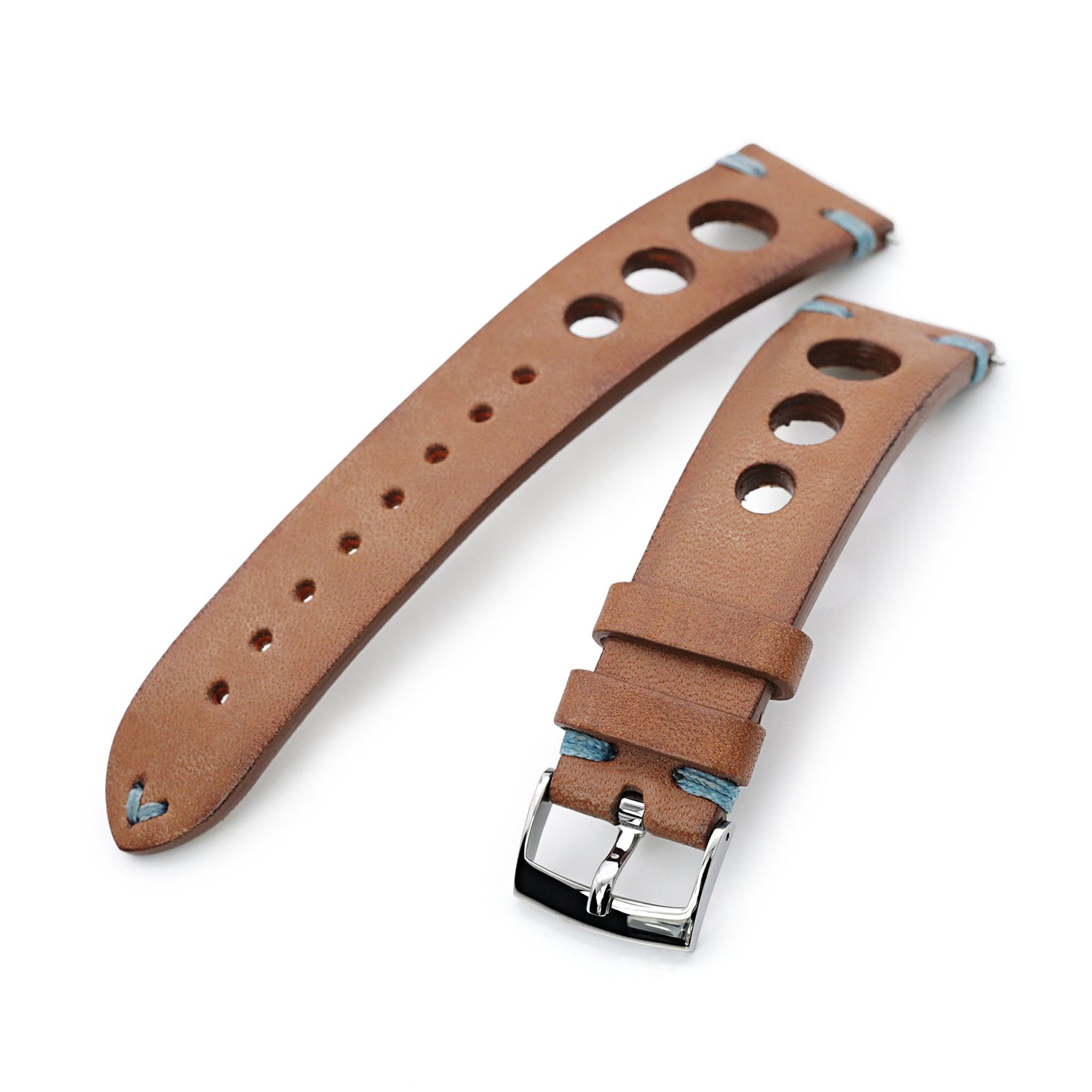 Q.R. 22mm Brown Leather Italian Handmade Racer Watch Band, Blue St.