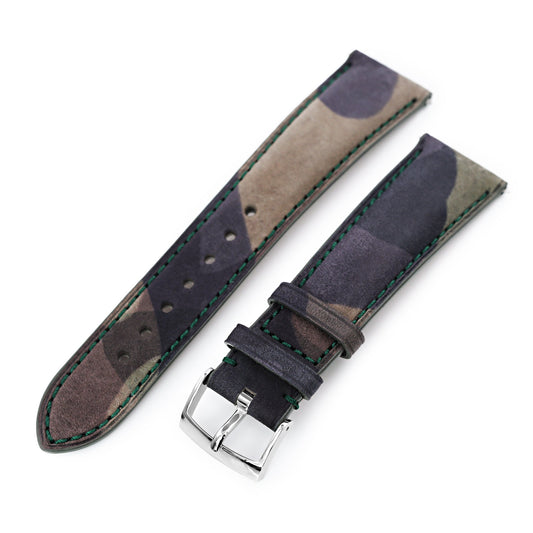 Quick Release, Forest Camo Pattern Italian Leather Tapered Watch Strap, 19mm to 22mm