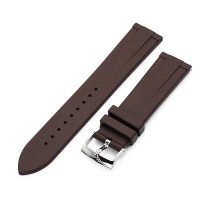 20mm Quick Release Watch Band Brown Raised Center FKM Rubber Strap, Brushed 