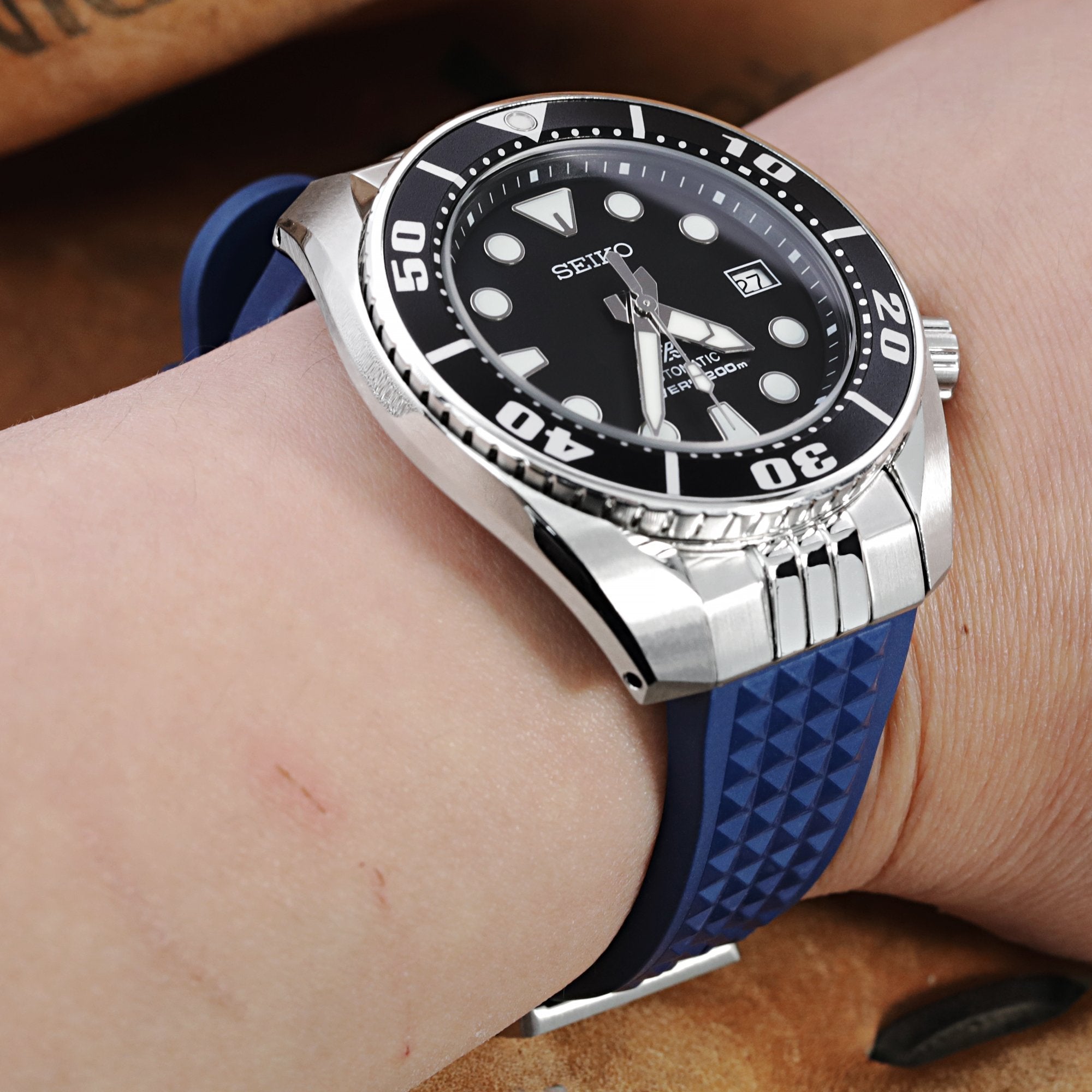 Chaffle Blue FKM Rubber + Add-on End Piece watch strap compatible with  Seiko Sumo SPB103