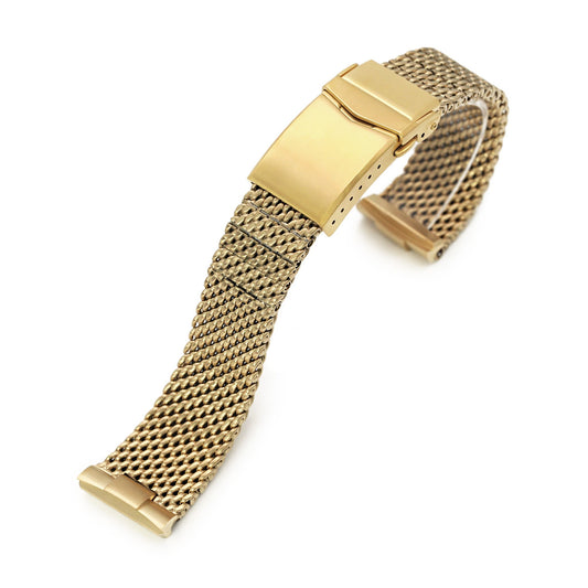 Curved End Massy Mesh Watch Band for Seiko Gold Turtle SRPD46, V-Clasp, Full IP Gold 